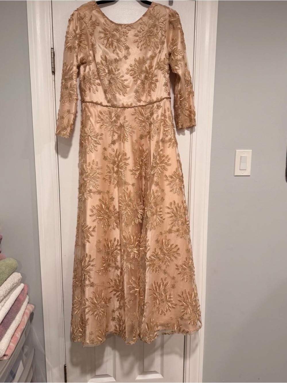 Tahari Gold-Beige Embroidered Long Sleeve Gown